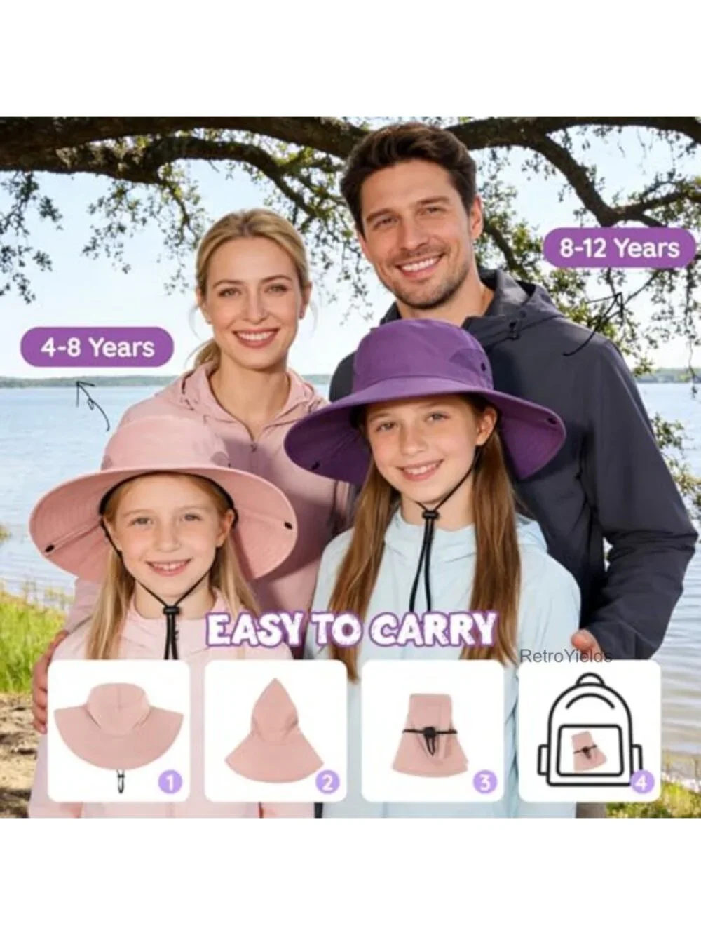 UPF 50+ Girls Sun Hat Ponytail Beach Bucket Hat Kids Fishing Hat